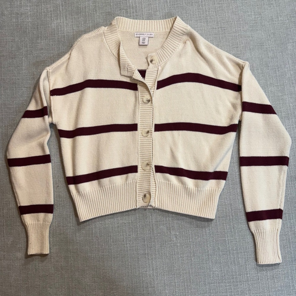 Sincerely Jules Striped Cardigan Sweater Medium Cream Burgundy Button Front Crop